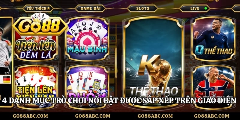 4 danh mục trò chơi nổi bật được sắp xếp trên giao diện Go88