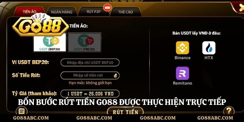 Bốn bước rút tiền Go88 được thực hiện trực tiếp trên giao diện tài khoản