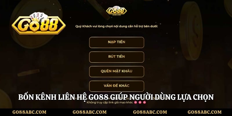Bốn kênh liên hệ Go88 giúp người dùng lựa chọn cách hỗ trợ phù hợp
